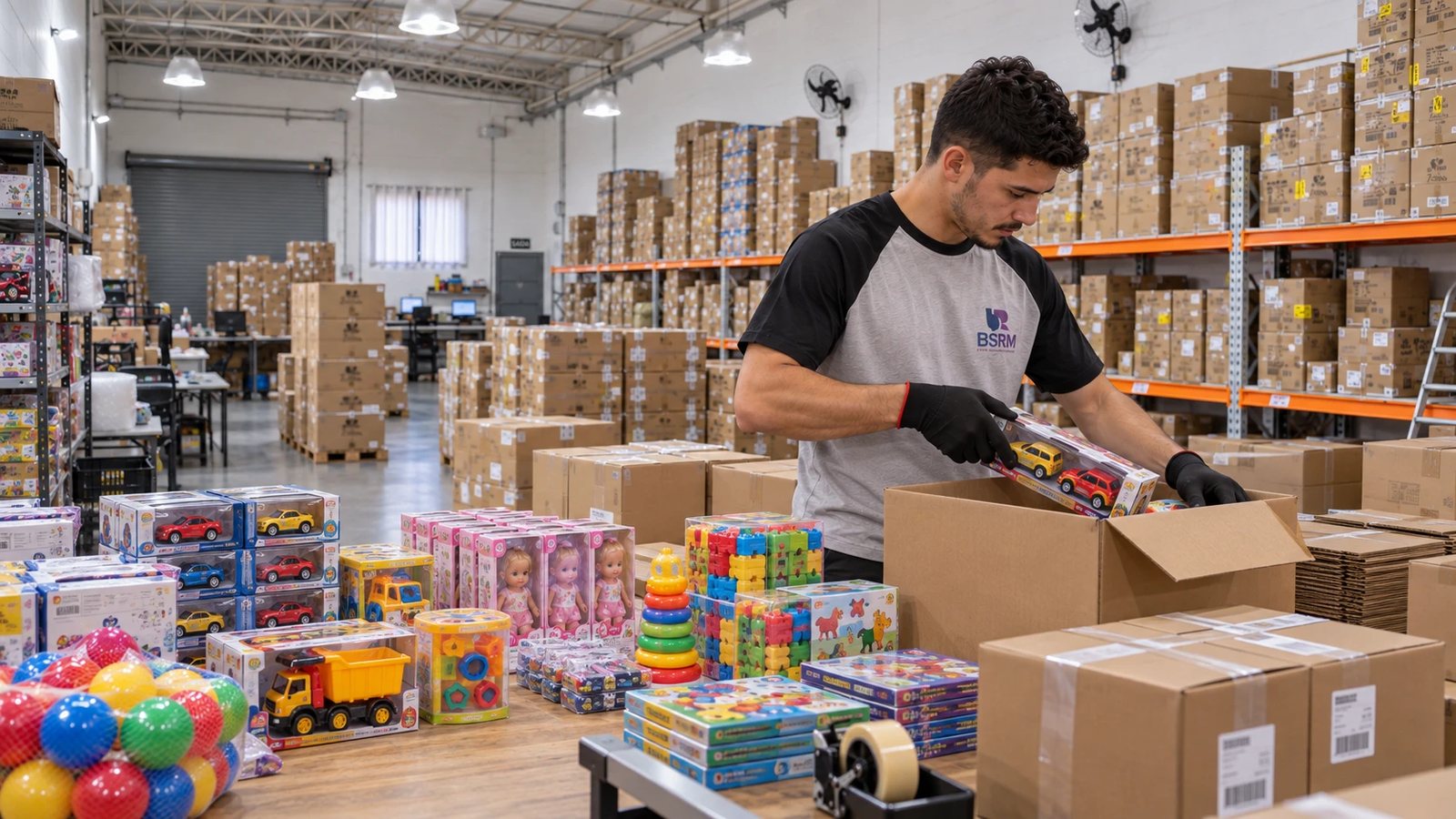 Separação e embalagem de brinquedos para o atacado